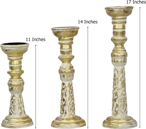 Miniatura 2 de Portavelas de madera maciza – Juego de 3 candelabros tallados a mano – Centro de mesa bohemio rústico para otoño, Acción de Gracias, Navidad, día