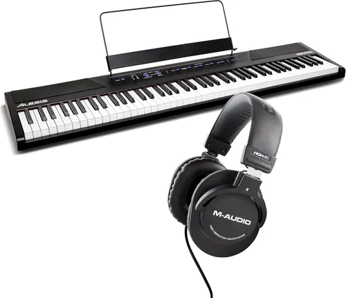 Alesis Recital - Teclado de piano digital de 88 teclas con teclas semipesadas, 5 voces, lecciones de piano y auriculares de piano M-Audio HDH40 para