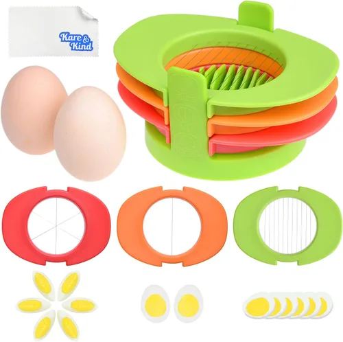 Miniatura 7 de Juego de rebanador de huevos con 3 cortadores - Corta huevos duros en rodajas finas, gajos o mitades - Rebanar huevos manualmente fácil - Sin