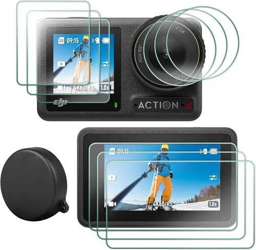 FiTSTILL Protector de pantalla de vidrio templado con tapa de lente de silicona para DJI Osmo Action 4, dureza Ultra HD 9H, resistente a los
