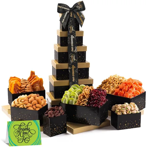 Miniatura 17 de NUT CRAVINGS - Cesta de regalo de frutas secas y nueces mixtas, torre roja + cinta de corazón (12 surtidos), arreglo de alimentos, paquete
