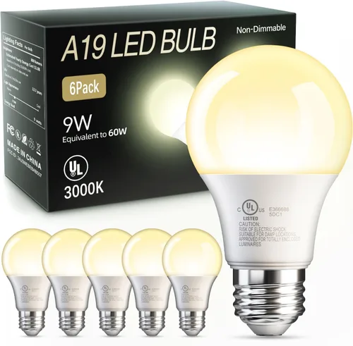 Miniatura 13 de TJOY Bombillas LED A19, foco LED equivalente a 60 vatios, luz blanca cálida suave 2700K, eficiente 9W, casquillo E26 estándar, foco de ahorro