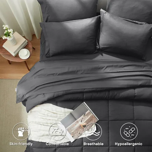 Miniatura 4 de Anluoer Juego de edredón de cama tamaño King en una bolsa de 7 piezas, color gris oscuro con sábanas, juegos de ropa de cama para todas las Gris