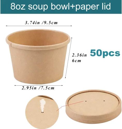 Miniatura 2 de Wuadua Paquete de 50 recipientes desechables de papel de 8 onzas con tapas, cuencos de sopa para llevar para fideos, ensalada, restaurante