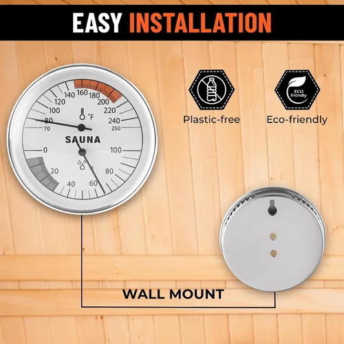 Miniatura 4 de Golden Wave Termómetro e higrómetro de sauna 2 en 1 – Fahrenheit (70-250°F) para salas de infrarrojos/vapor, sin baterías, montaje en pared