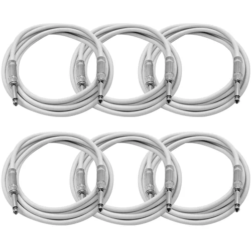 Seismic Audio - SASTSX-10White-6PK - Paquete de 6 cables de conexión TS blancos de 10 pies de 1/4 pulgadas - Cables de conexión de audio profesional