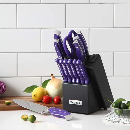 Miniatura 8 de McCook FDA Juego de cuchillos de cocina de acero inoxidable con bloque de madera y tijeras de cocina multiusos Púrpura/Negro