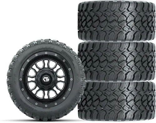 GTW Combo de ruedas y neumáticos para carrito de golf de 12 pulgadas | GTW Volt negro mate/ruedas mecanizadas en neumáticos radiales todo terreno