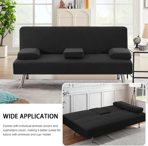 Miniatura 5 de LiveGo Funda para futón, 4 piezas, elásticas, para futón, sofá cama, con reposabrazos extraíbles y portavasos, protector de muebles, tela jacquard