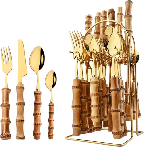 Miniatura 9 de Juego de cubiertos de bambú para 6, 24 piezas de cubiertos de acero inoxidable con mango de bambú natural, juego de cubiertos dorados, espejo, apto