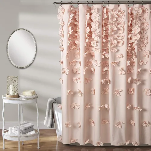 Lush Decor Riley Cortina de Ducha, 72" An x 72" L, Blush - Cortina de Baño - Decoración Coquette - Cortinas de Ducha con Lazo - Cottage Core -