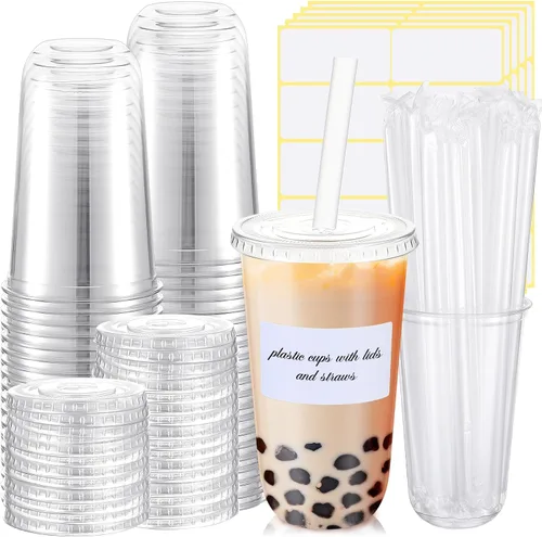 Miniatura 12 de Ziliny 25 juegos de vasos de plástico transparente con tapas, pajitas y pegatinas, vasos desechables de PET engrosado para café helado, té
