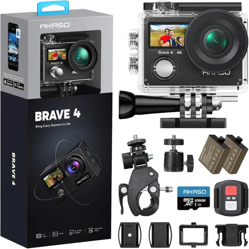 Miniatura 12 de AKASO Brave 4 Cámara de acción 4K 30fps con tarjeta microSD U3 de 64 GB Kit de accesorios para casco de bicicleta, 20MP Ultra HD 131FT Cámara