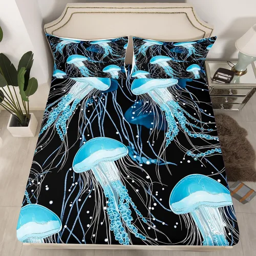 Miniatura 28 de Erosebridal Juego de sábanas bajeras de pulpo oceánico, tamaño individual, juego de ropa de cama temática de playa costera, decoración náutica