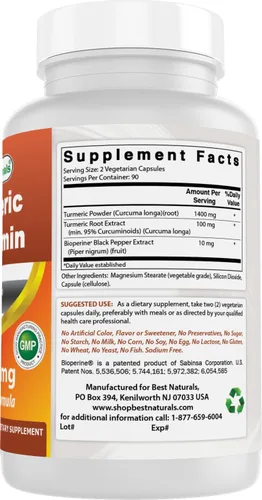 Miniatura 6 de Best Naturals Curcumina de cúrcuma 1500 mg/porción con bioperina - 180 cápsulas vegetales