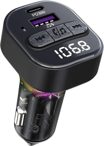 Transmisor FM Bluetooth 5.3 para automóvil, adaptador Bluetooth para automóvil con cargador tipo C PD (30 W) y puerto USB QC3.0, transmisor de radio