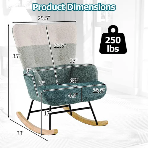 Miniatura 2 de Moccha - Mecedora para guardería, mecedora tapizada de peluche con respaldo alto, patas de madera de goma y bolsillo lateral, cómoda silla auxiliar