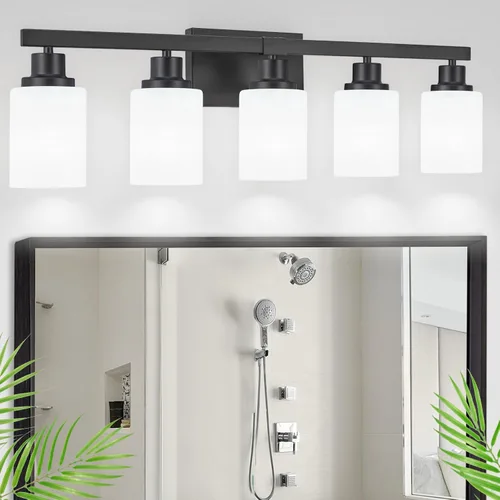 Miniatura 20 de Juego de 2 apliques de pared para baño, 1 luz negra, apliques de pared modernos para interiores con pantallas de vidrio blanco, lámpara de pared