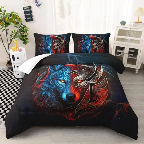 AILONEN Juego de edredón con cabeza de lobo impresa tamaño individual, juego de ropa de cama de lobo para la noche para niños y hombres, juego de