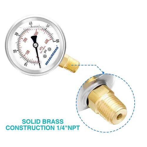 Miniatura 5 de MEASUREMAN Medidor de presión de 0-60 psi/kpa lleno de líquido con adaptador de medidor de latón 1/4NPT hembra, sonda de 2-1/2 pulg. x 1-2/5" x 1/8