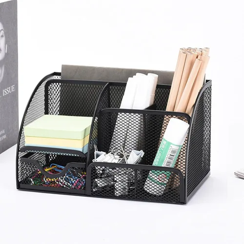 Miniatura 5 de Soporte para bolígrafo y organizador de malla plateada con 7 compartimentos, organizador de escritorio con cajón, soporte de metal para bolígrafo