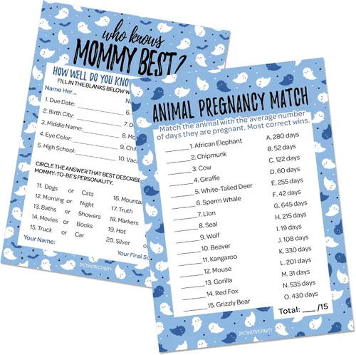 Miniatura 13 de DISTINCTIVS Blue Little Boo is Almost Due Halloween Boy Baby Shower Game Pack – 20 tarjetas de doble cara – Qué hay en tu teléfono y palabras