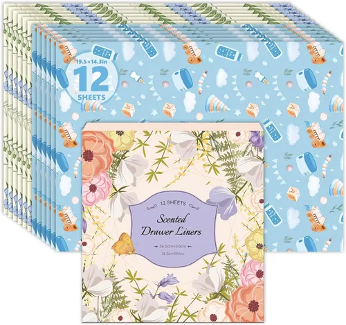 SCENTORINI Revestimientos para cajones para cómoda, 6 hojas de lino + 6 hojas de forro de cajón con aroma a polvo de bebé, forro de papel para