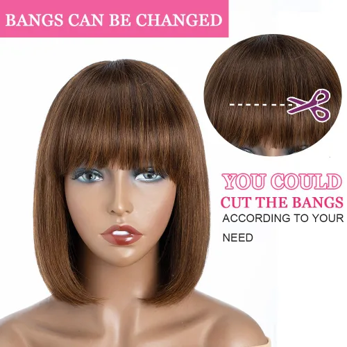 Miniatura 5 de QVR - Peluca de cabello humano corto estilo Bob con flequillo, 10 pulgadas, cabello lacio virgen brasileño hecho a máquina, sin encaje frontal