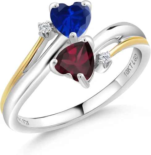Gem Stone King Anillo de plata de ley 925 y oro amarillo de 10 quilates, granate rodolita rojo zafiro y diamante cultivado en laboratorio para mujer