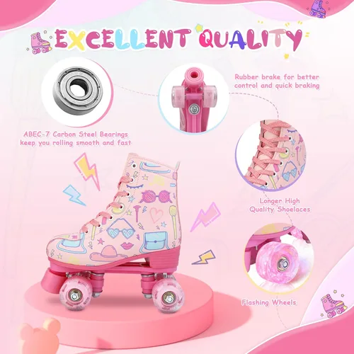 Miniatura 7 de Patines de dibujos animados para niñas y mujeres, patines de doble fila con ruedas iluminadas, patines de piel sintética con cordones, patines
