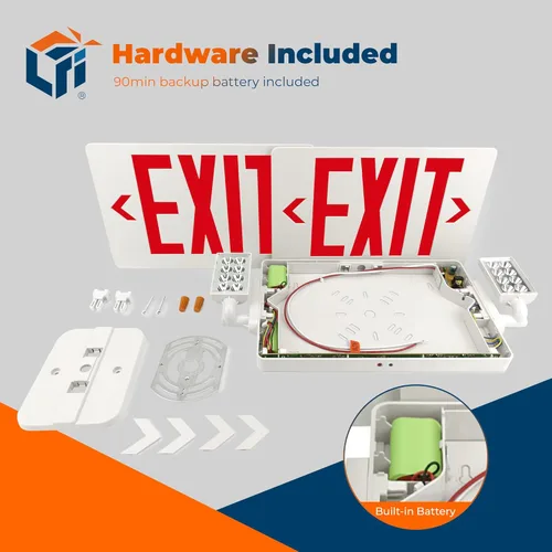 Miniatura 5 de LFI Lights Thin COMBO UL 924 Listed, LED rojo, señal de salida con luces de emergencia, blanco, 120-277 VCA cableada con batería de respaldo, doble