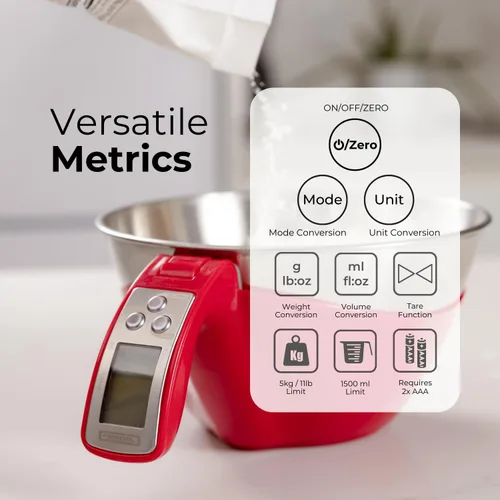 Miniatura 4 de Fradel Báscula digital de cocina con cuenco (extraíble) y taza medidora, acero inoxidable, luz de fondo, capacidad de 11 libras, para cocinar, Rojo