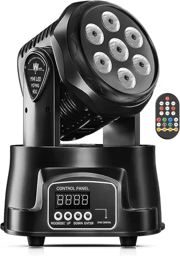 U`King Luz de cabeza móvil RGBW LED Efecto de iluminación de escenario, 7 x 10 W, cabezales móviles, luces de lavado por DMX y control remoto con