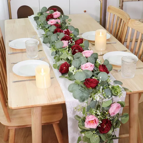 Miniatura 30 de TOCHGREEN Paquete de 2 Guirnaldas de Flores de Eucalipto Artificial de 12 Pies con Rosas Champán, Guirnalda de Flores de Rosa Falsa Verdor