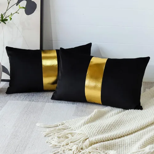 Artscope Fundas de Almohada Decorativas de Terciopelo Negro con Costuras de Cuero Dorado, Lujosas, Modernas, Minimalistas, Cuadradas, Fundas de