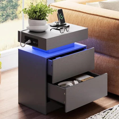 Miniatura 10 de LIKIMIO Mesita de noche con estación de carga, mesita de noche moderna en negro con luz LED y cajones, mesas de cabecera/mesa auxiliar