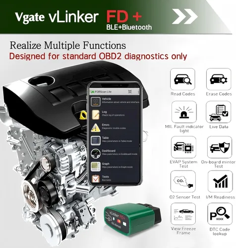 Miniatura 6 de Vgate Adaptador Bluetooth vLinker FD+ OBD2 - Lector de código de diagnóstico para iOS, Android y Windows (compatible con MS-CAN, ELM327)