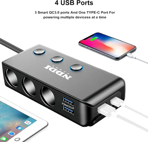 Miniatura 5 de Divisor de Encendedor de Cigarrillos, Adaptador de Coche NDDI POWER 12V/24V de 3 Enchufes con 20W PD3.0 USB-C y Tres Puertos USB QC3.0, Encendedor
