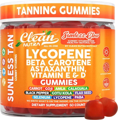 Gomas bronceadoras de licopeno y betacaroteno sin sol, con astaxantina, vitamina C, D, E, semilla de lino, selenio, amla, tirosina, PABA, pimienta