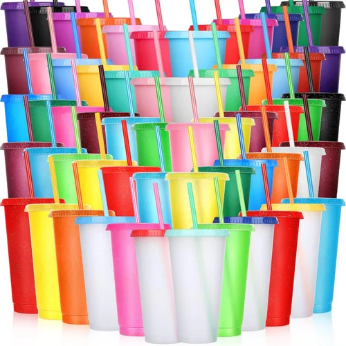 Miniatura 18 de Honeydak Paquete de 60 vasos con popote y tapa, vasos a granel para regalos, tazas de café de plástico con purpurina de 24 a 27 onzas, botella