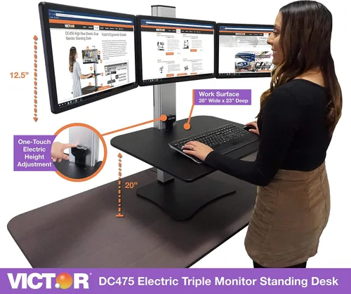 Miniatura 2 de Victor DC475 Convertidor de escritorio elevable eléctrico de triple monitor Escritorio sit-stand de tres monitores grandes Superficie de trabajo