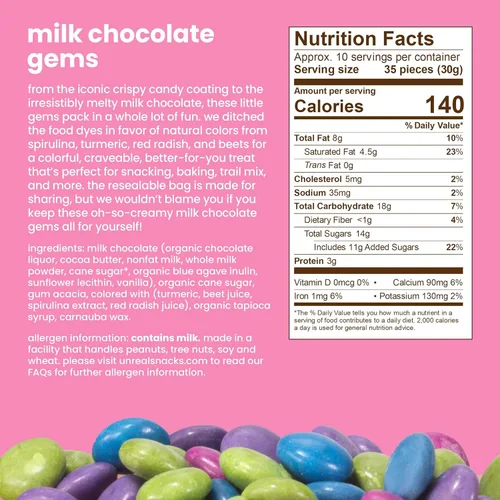 Miniatura 2 de UNREAL Gemas de chocolate con leche, certificado de comercio justo, sin OMG, fabricadas con ingredientes y colores sin gluten de la naturaleza, sin