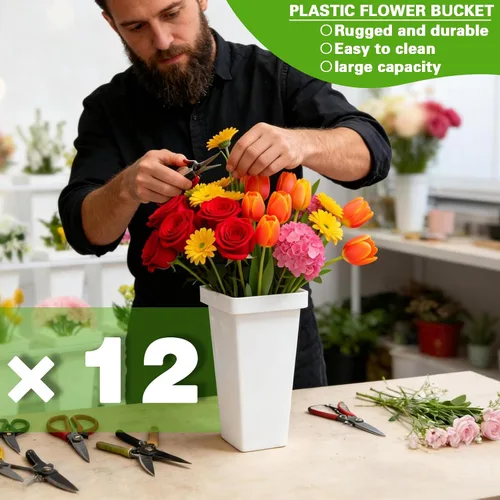 Miniatura 8 de Soporte de exhibición de flores de metal de 3 niveles, carrito móvil resistente para plantas de flores con 12 cubos y ruedas con bloqueo, estante