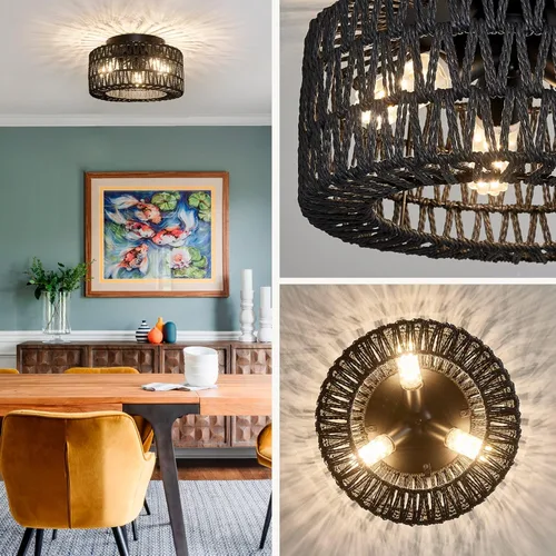 Miniatura 2 de Lámparas de Techo de Ratán para Montaje, Lámpara de Techo Empotrada Boho de 3 Luces, Iluminación de Lámpara con Pantalla de Jaula Tejida a Mano