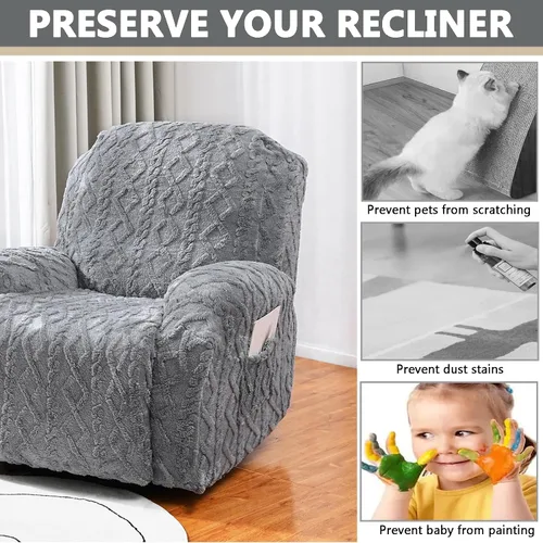 Miniatura 4 de OQHAIR Funda de terciopelo para sillón reclinable grande, 4 piezas, elástica, suave, con bolsillos, protector de muebles, color beige, 2 plazas
