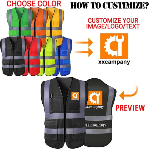 Miniatura 4 de Chaleco de seguridad personalizado para hombre con bolsillos con logo, chalecos reflectantes de alta visibilidad para construcción, ropa de Naranja