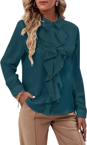 Miniatura 20 de LYANER - Blusa de manga larga con cuello de botón y volantes en la parte delantera para mujer
