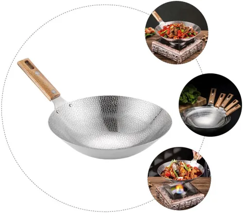 Miniatura 5 de Luxshiny Wok de acero inoxidable de 13.38 pulgadas con mango de madera, sartén de cocina para el hogar para freír vapor y olla caliente utensilios