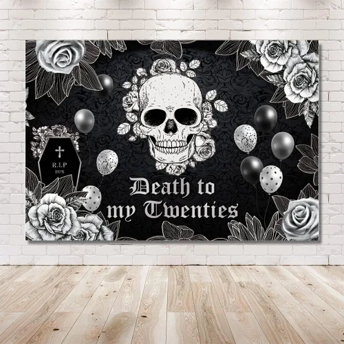 Miniatura 6 de MEHOFOND Telón de fondo de 7 x 5 pies de muerte a mis veinte para fiesta de cumpleaños de 30 años RIP to My 20s funeral gótico calavera rosa negra
