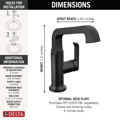 Miniatura 3 de Delta Tetra - Grifo de baño negro mate de altura media de 1 agujero, grifo de lavabo de baño de un solo orificio para tocador, negro mate 689-BL-DST